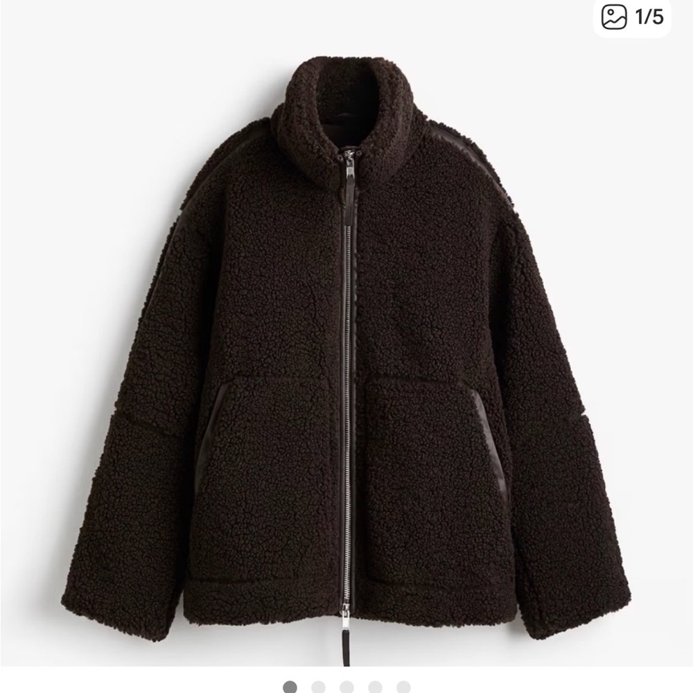 H&M Black Sherpa Zip Jacket with Silver Zipper